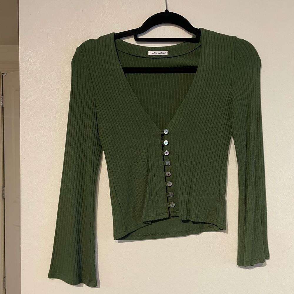 Reformation Gellar Green Ribbed Button-Up Top - Picture 2 of 3